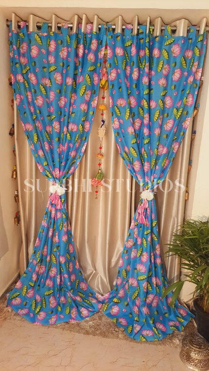 Kamal Talai Pichwai Sky Blue Curtains