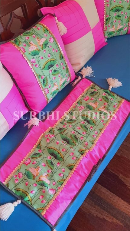 Kamdhenu Green Pichwai Cushion covers and Table Runner
